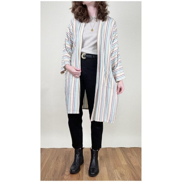 Vintage Rainbow Striped Robe Duster Cardigan Light House Coat Jacket PJs Pajamas - Picture 5 of 10